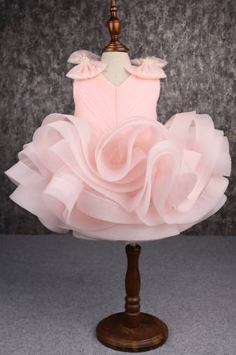 Stylish ruffle net peach dress