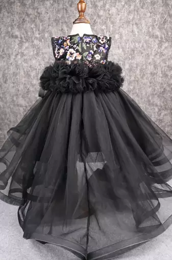 Beautiful ruffle net black gown with drape