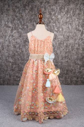Elegant embroidered multicolour spaghetti strap anarkali gown