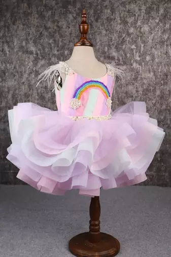 Multi colour stiff hem layered rainbow dress