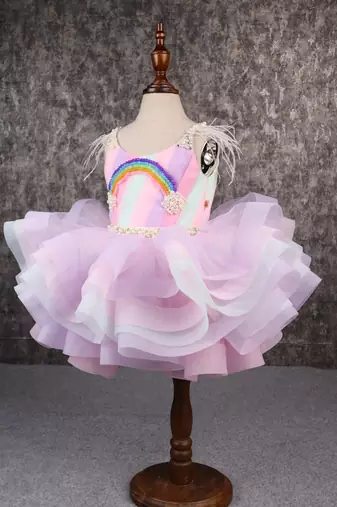 Multi colour stiff hem layered rainbow dress