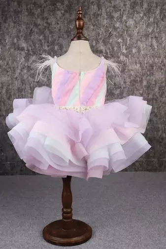 Multi colour stiff hem layered rainbow dress