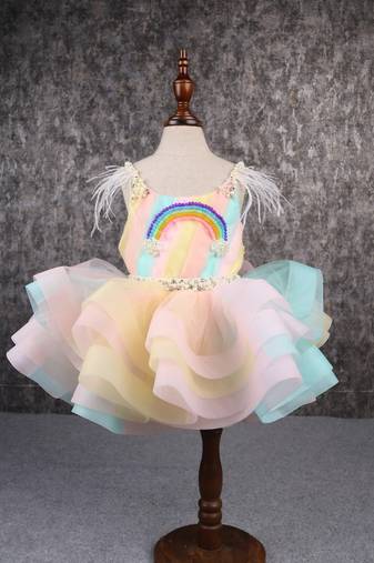 Multi colour stiff hem layered rainbow dress