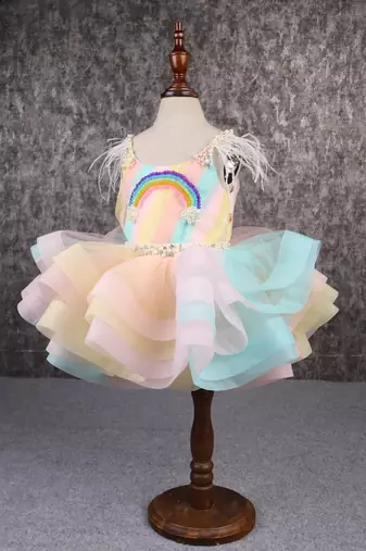Multi colour stiff hem layered rainbow dress