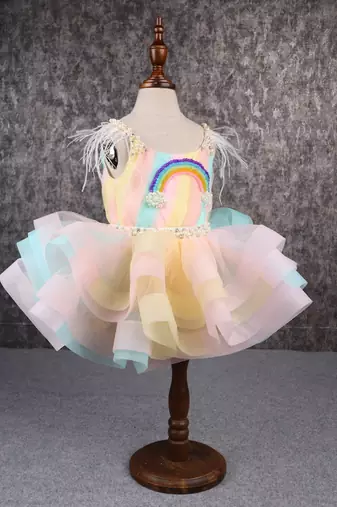 Multi colour stiff hem layered rainbow dress