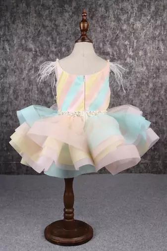 Multi colour stiff hem layered rainbow dress