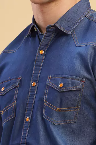 Kuons avenue men's carbon blue slim fit casual denim shirt