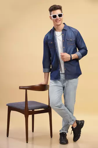Kuons avenue men's carbon blue slim fit casual denim shirt