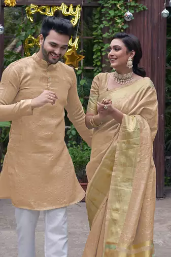 Bansari beige couple set saree with kurta