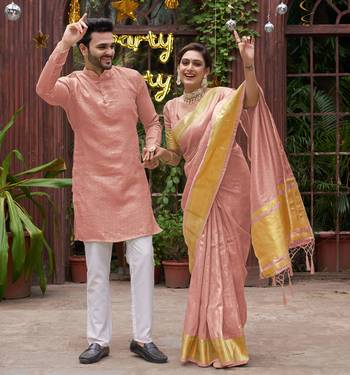 Bansari pink couple set saree with kurta 1