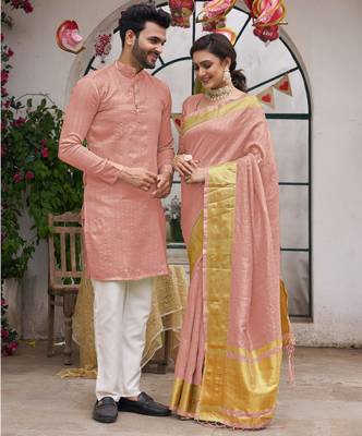 Bansari pink couple set saree with kurta 2