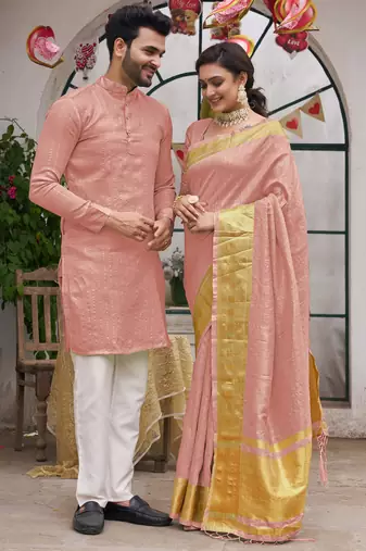 Bansari pink couple set saree with kurta
