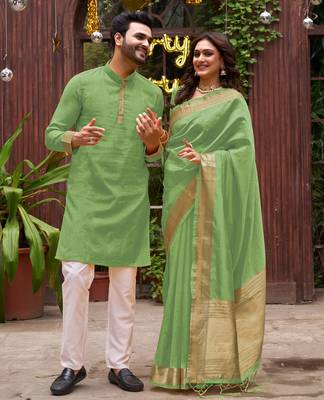 Green silk couple wear saree with kurta 1
