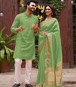 Green silk couple wear saree with kurta