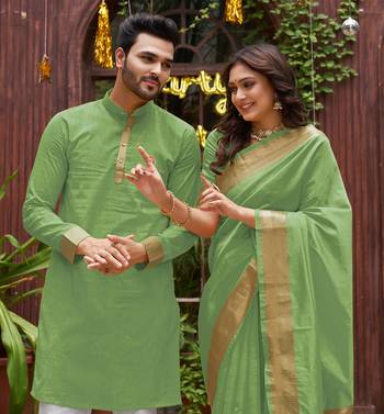 Green silk couple wear saree with kurta 2