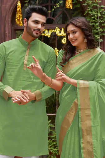 Green silk couple wear saree with kurta