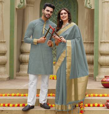 Grey silk couple wear saree with kurta 1