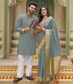 Grey silk couple wear saree with kurta