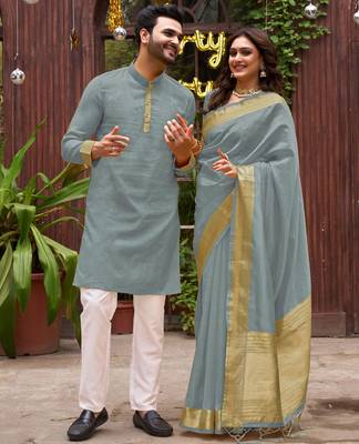 Grey silk couple wear saree with kurta 2