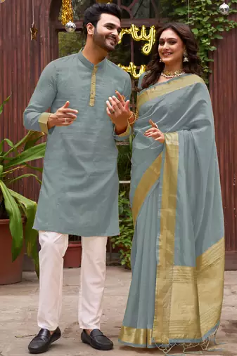 Grey silk couple wear saree with kurta