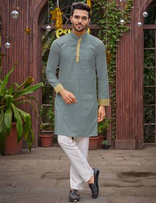 Grey silk couple wear saree with kurta 4