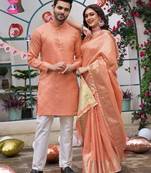 Sumitra peach silk couple wear saree with kurta