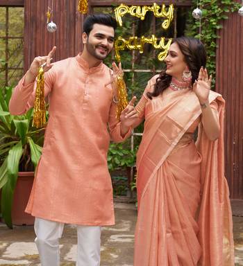 Sumitra peach silk couple wear saree with kurta 2