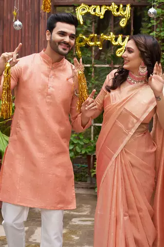 Sumitra peach silk couple wear saree with kurta