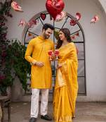 Yellow silk couple wear saree with kurta