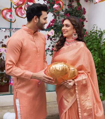Sumitra peach silk couple wear saree with kurta 3