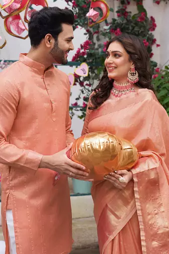Sumitra peach silk couple wear saree with kurta