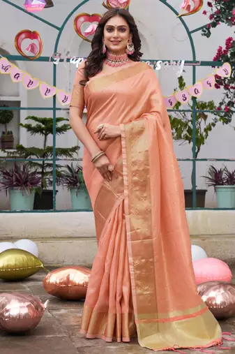 Sumitra peach silk couple wear saree with kurta