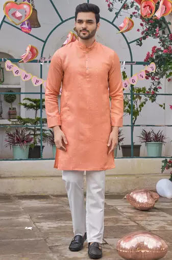 Sumitra peach silk couple wear saree with kurta