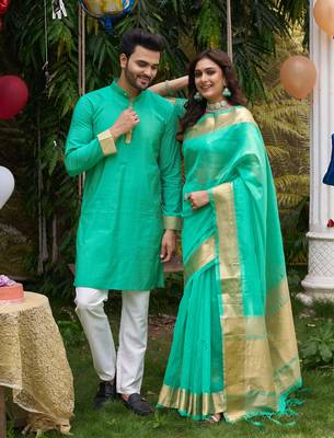 Hunny teal silk couple wear saree with kurta 1