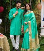 Hunny teal silk couple wear saree with kurta