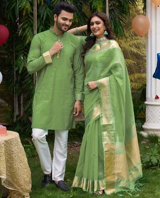 Hunny green silk couple wear saree with kurta 1