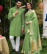 Hunny green silk couple wear saree with kurta