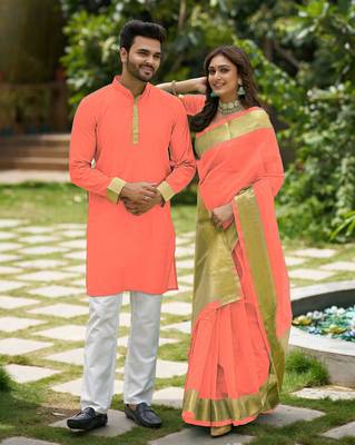 Hunny peach silk couple wear saree with kurta 1