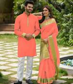 Hunny peach silk couple wear saree with kurta