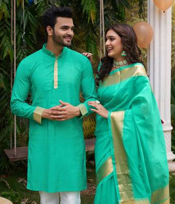 Hunny teal silk couple wear saree with kurta 2