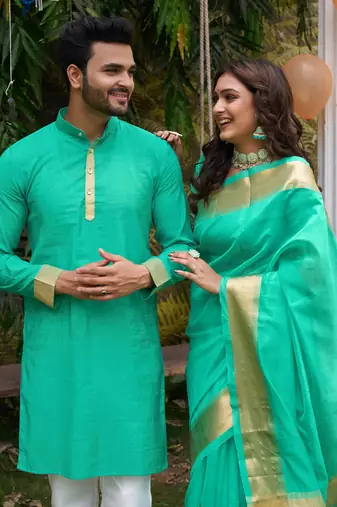Hunny teal silk couple wear saree with kurta