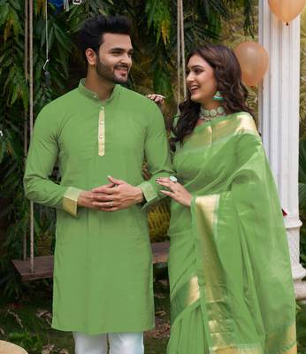 Hunny green silk couple wear saree with kurta 2
