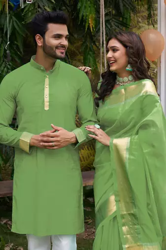 Hunny green silk couple wear saree with kurta