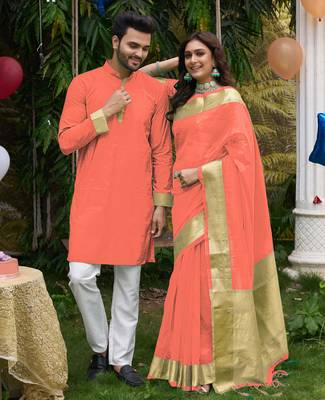 Hunny peach silk couple wear saree with kurta 2