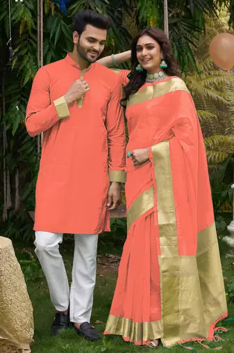 Hunny peach silk couple wear saree with kurta