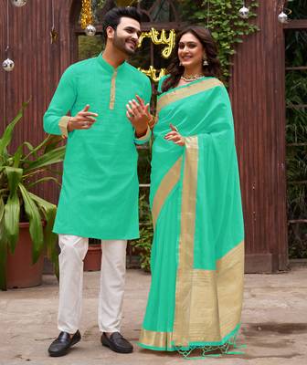 Rama green silk couple wear saree with kurta 1