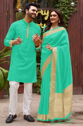 Rama green silk couple wear saree with kurta