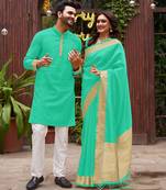 Rama green silk couple wear saree with kurta