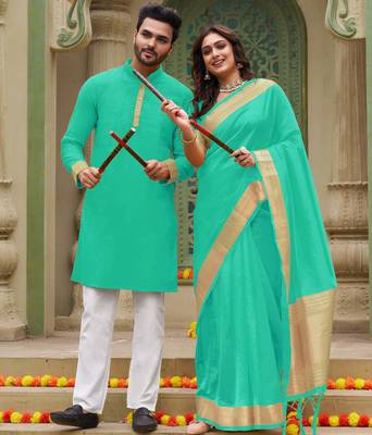 Rama green silk couple wear saree with kurta 2