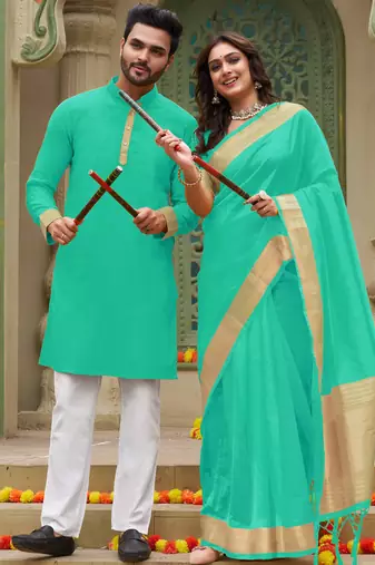 Rama green silk couple wear saree with kurta